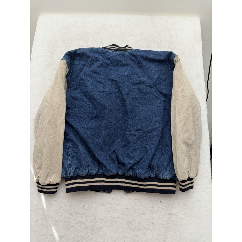 Vintage Denim Bomber Jacket Mens S Blue Tan Cream Quilted Coat 90s AMAZING - Picture 4 of 7